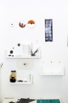 Maja Quille's studio with work on the wall.