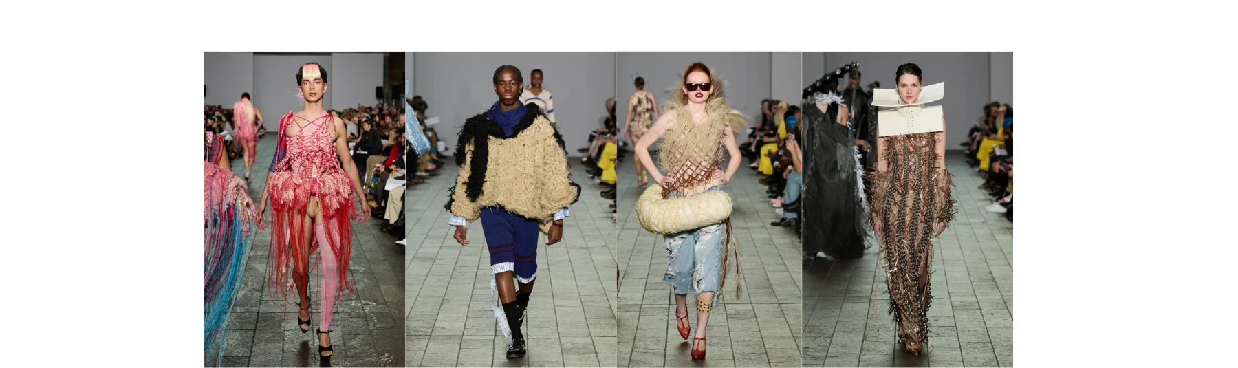 Four portrait shots of models in colourful, structural knitwear-based garments on the catwalk. Their images are combined into a single collage.