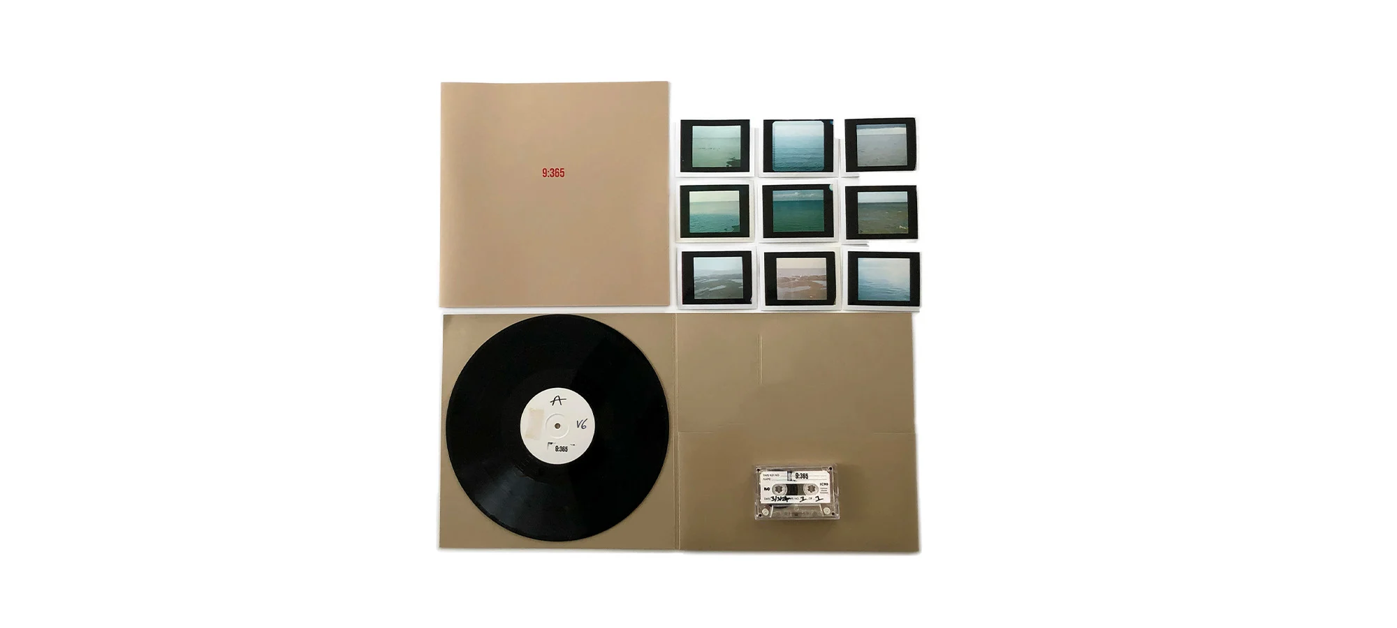 A display showing a record, a series of photographs and a cassette-tape. 