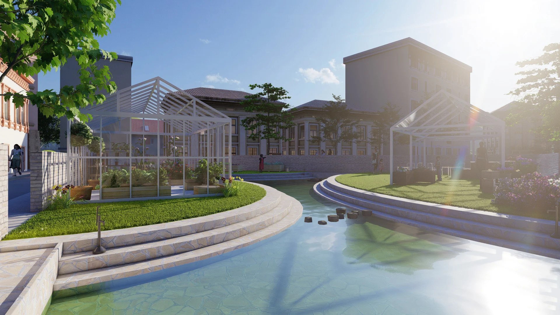 A vibrant 3D garden scene featuring a serene pond and a charming fountain surrounded by lush greenery.