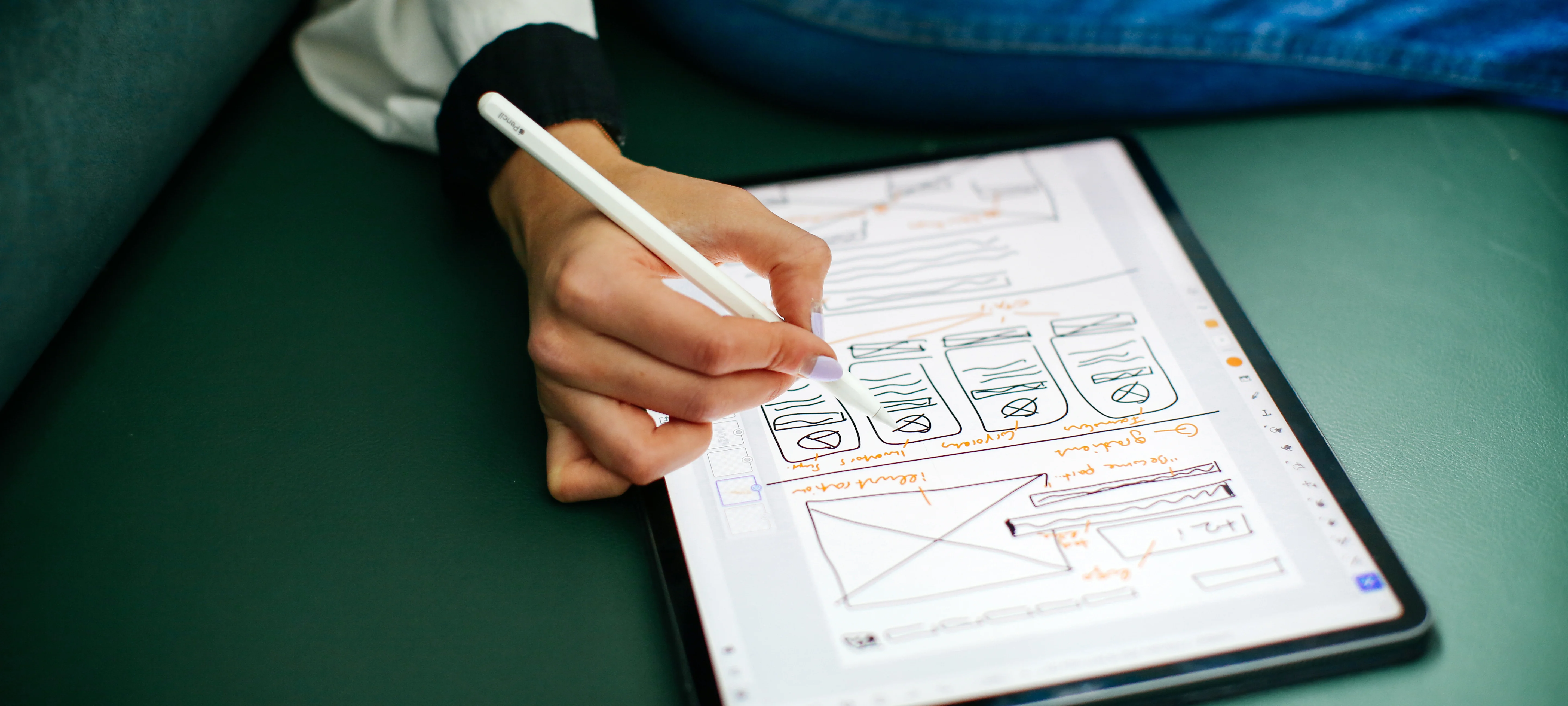 Photograph of someone taking notes on an ipad, against a green sofa.