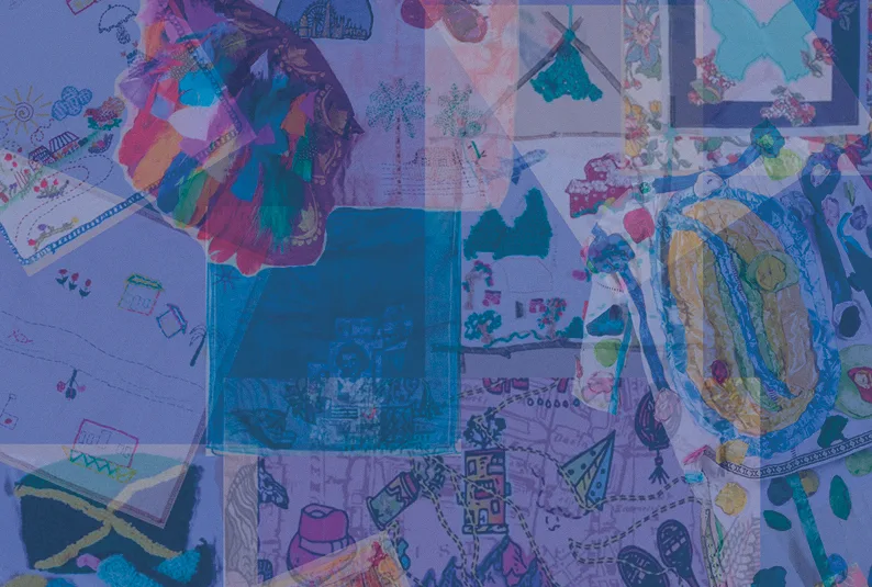 A colourful graphic with illustrations overlaid by a purpley-blue colour