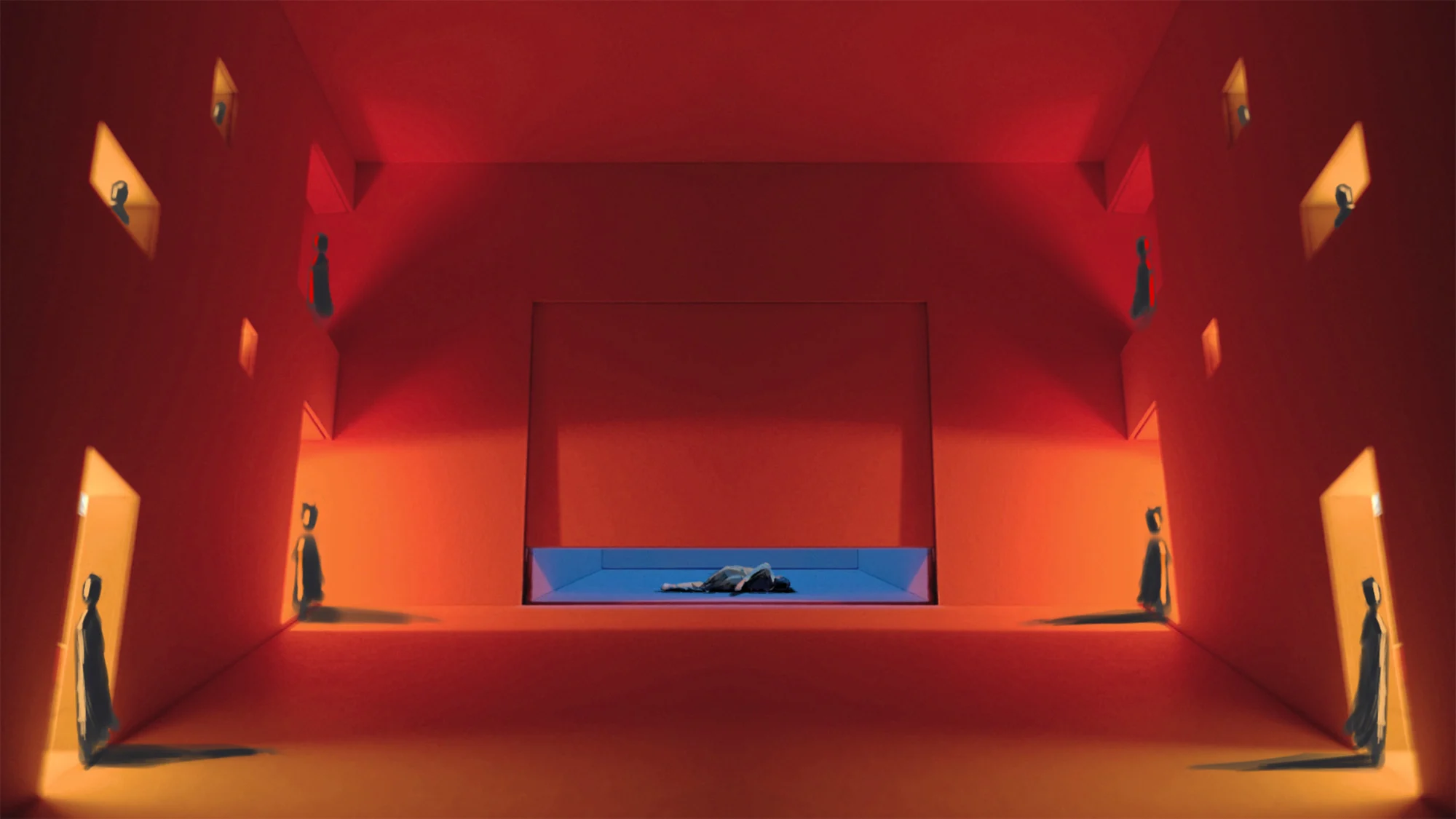 Set design drawing by Tianyu Bian of stage with doorways and windows on each side with people in them with a blue bed like structure at centre of stage with a person lying down.