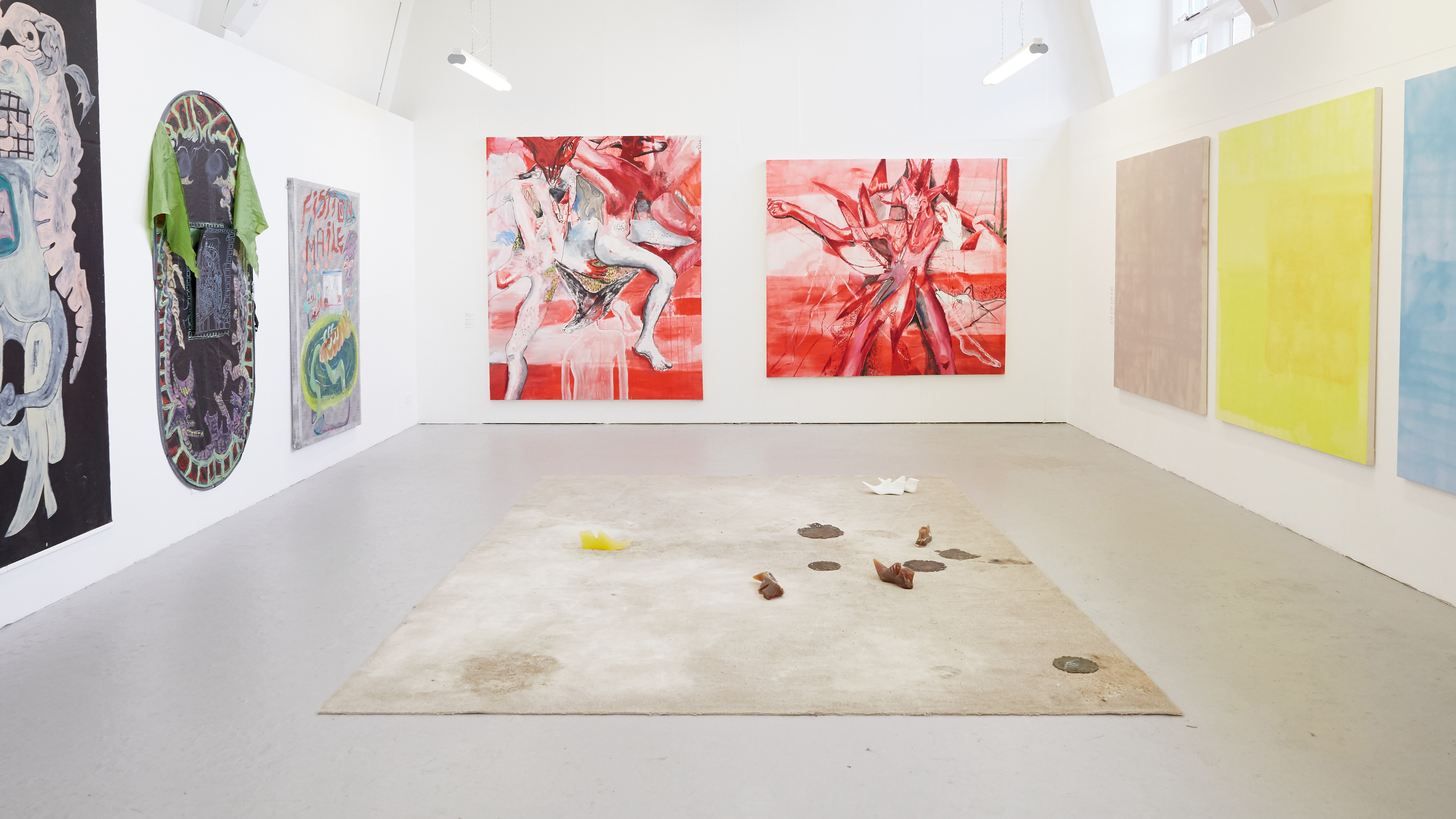 Installation from BA Fine Art Painting show 2019 featuring 8 large scale paintings and a sculptural floor work.