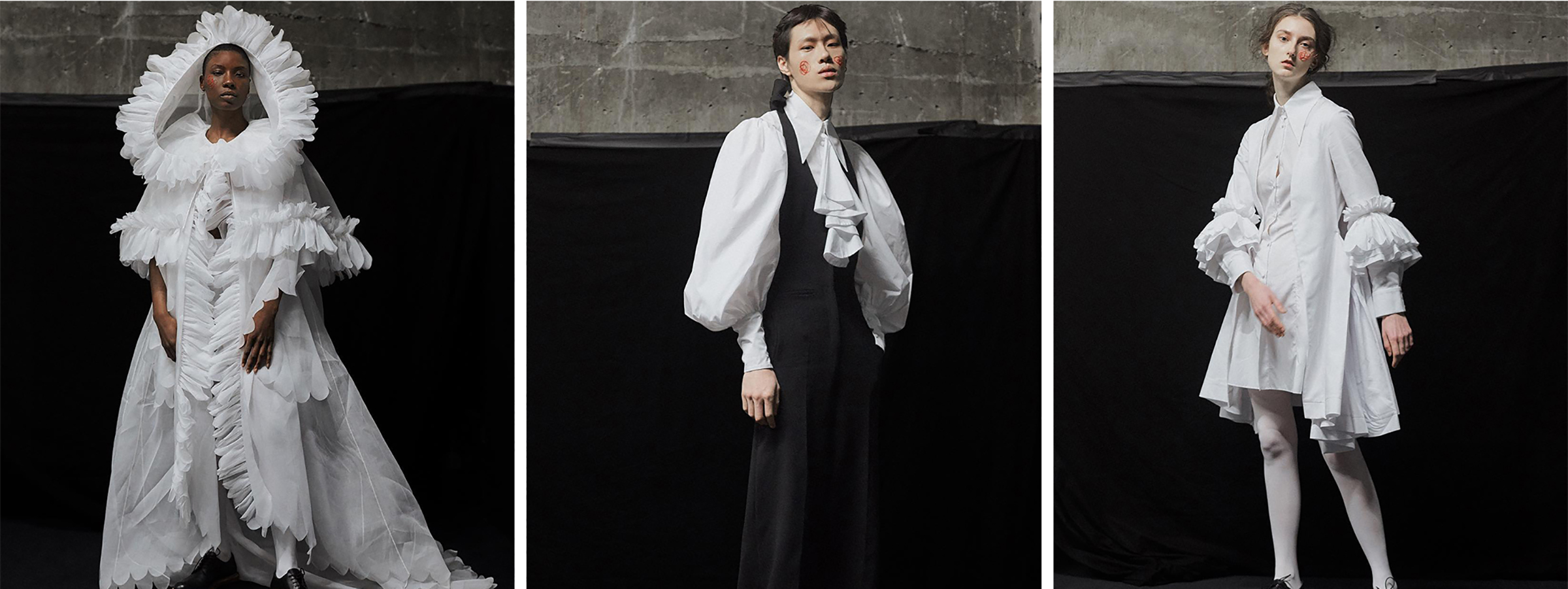 Models wearing white pleated shirting