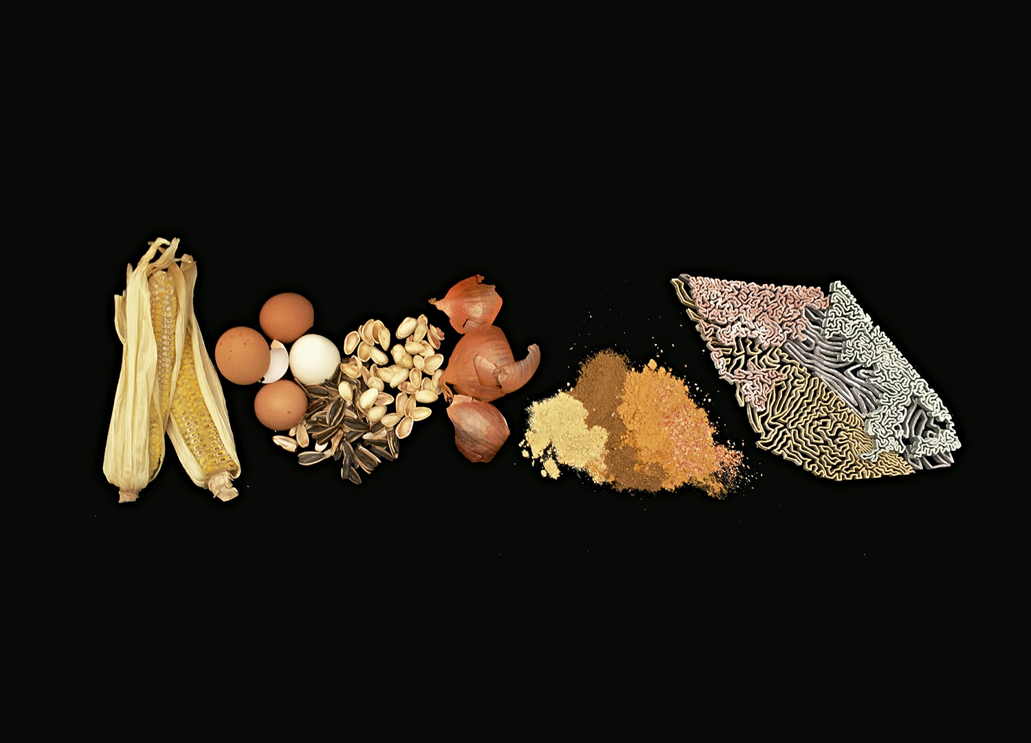 Arrangement of yellow foodstuffs set against black background