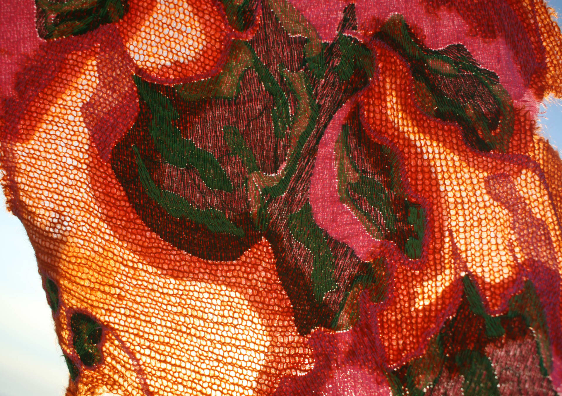 Close up of red, patterned embroidery.