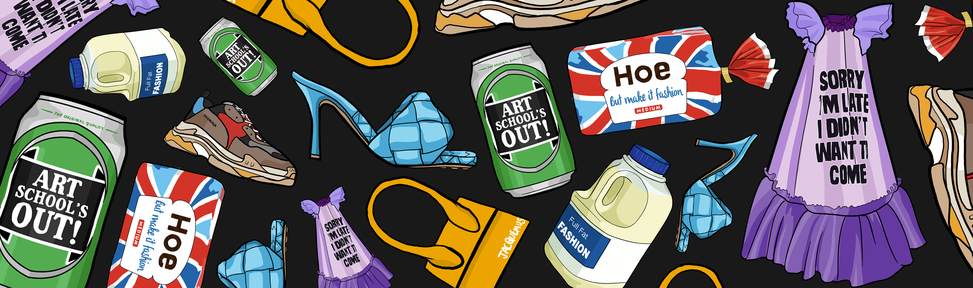 Illustrations of food and clothing items