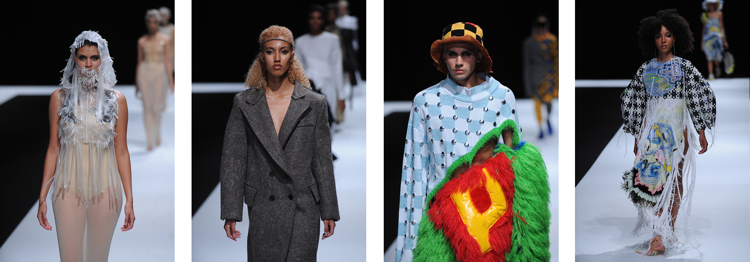4 images of male and female catwalk models dressed in colourful and unique clothing