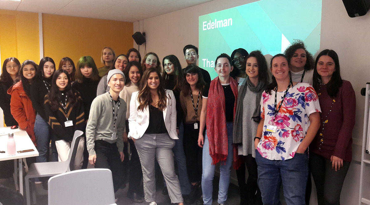 A class of students on the MA Public Relations course are photographed at Edelman London.