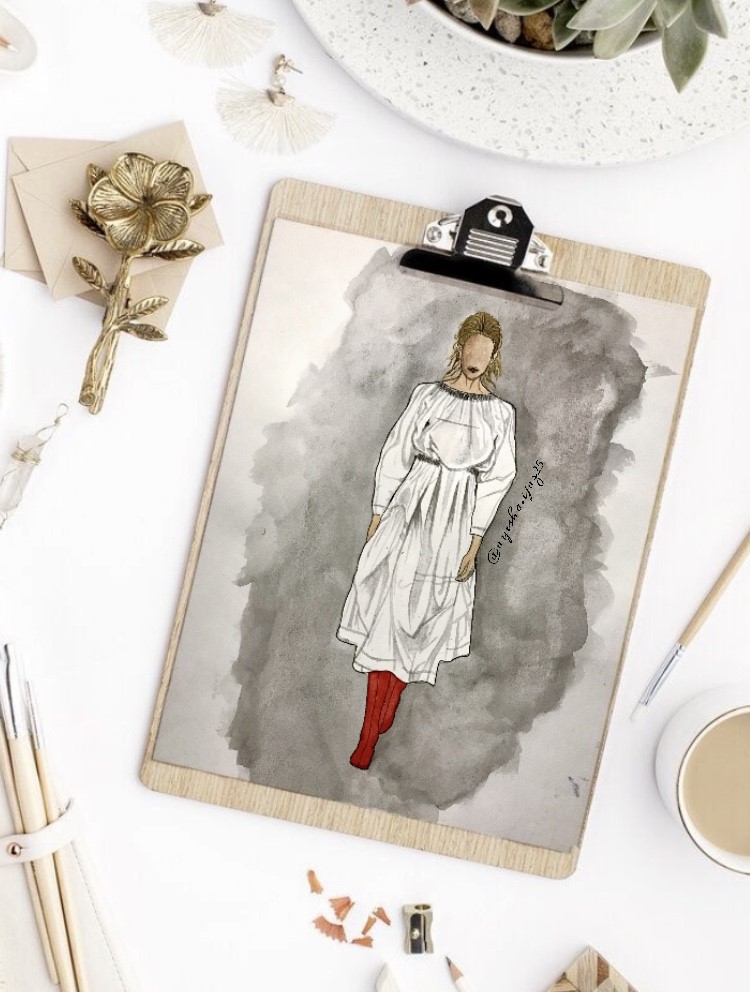 Illustration of a model wearing a baggy white dress with red boots on. The illustration is fixed on a clipboard.