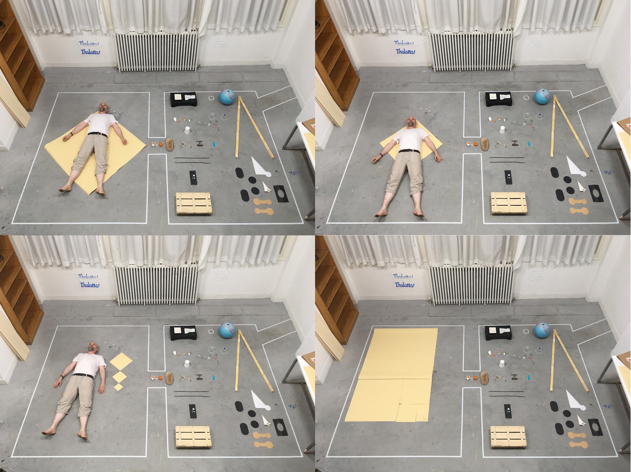 birds eye view of Kaerl Foster laying on floor of studio