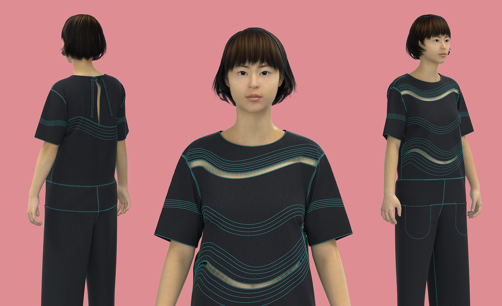 Digital model facing varying directions with pink background