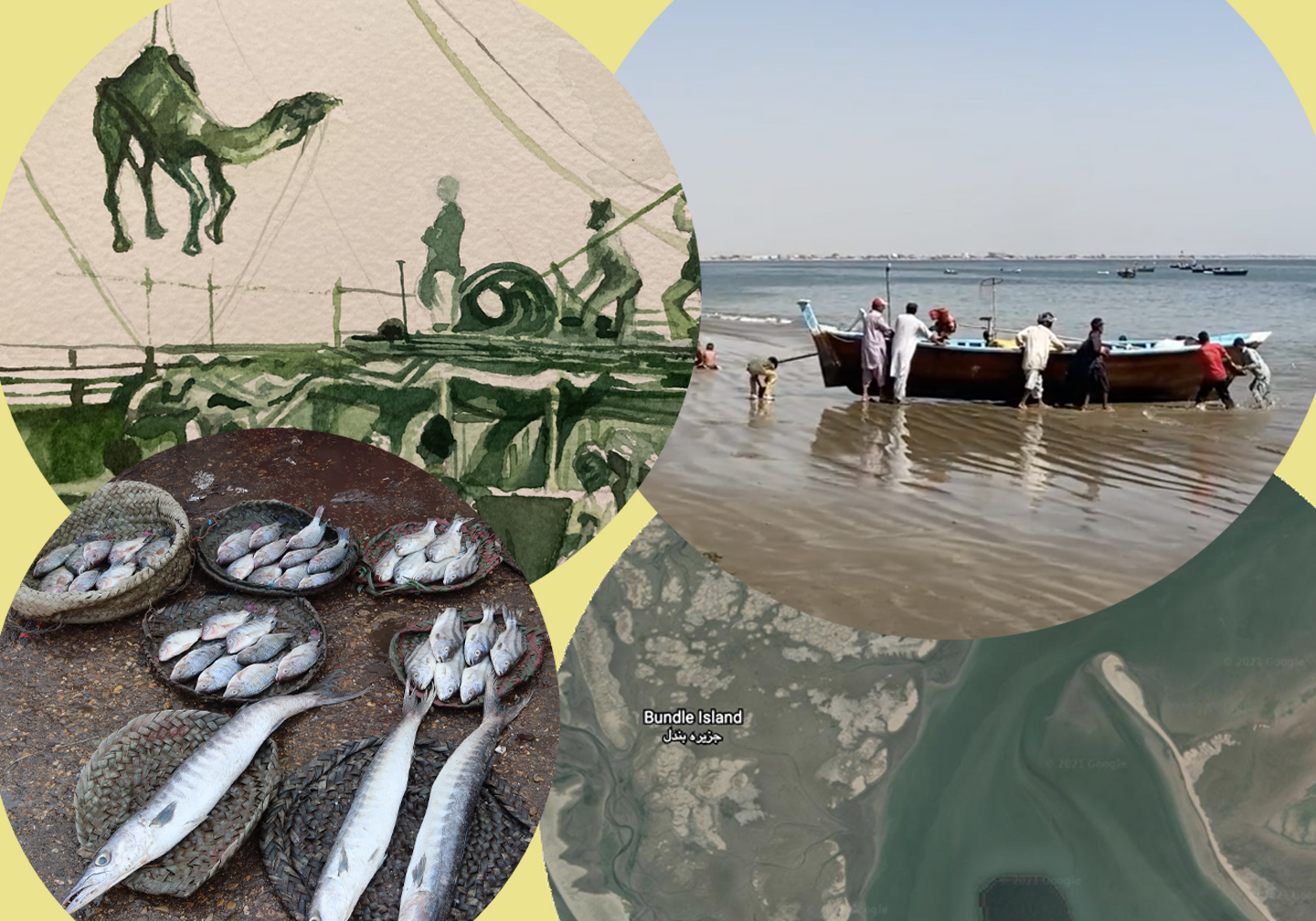 A collage with a map showing the Bundle and Buddo islands with historical images layered over top