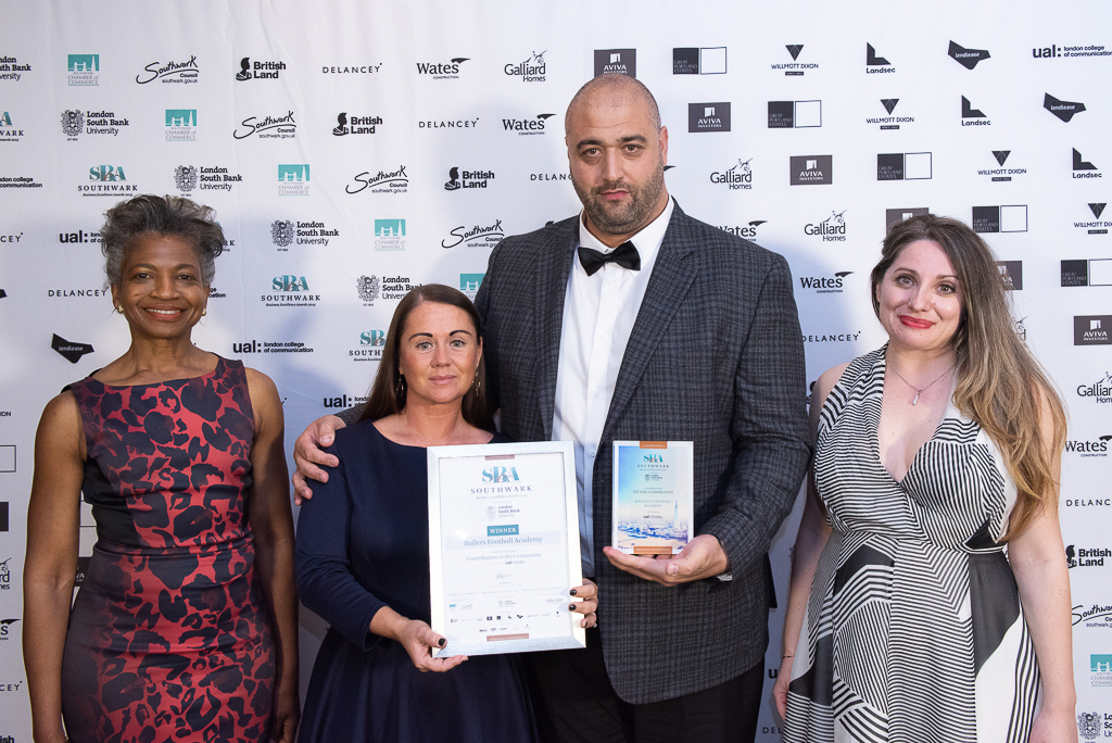 Ballers Academy manager Jamie accepting an award for Contribution to the Community at Southwark Business Excellence Awards 2019