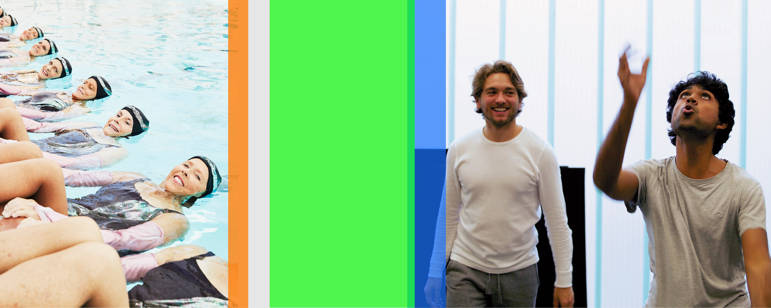 Collage of two photographs: women in a line in a swimming pool and two men in casual clothes