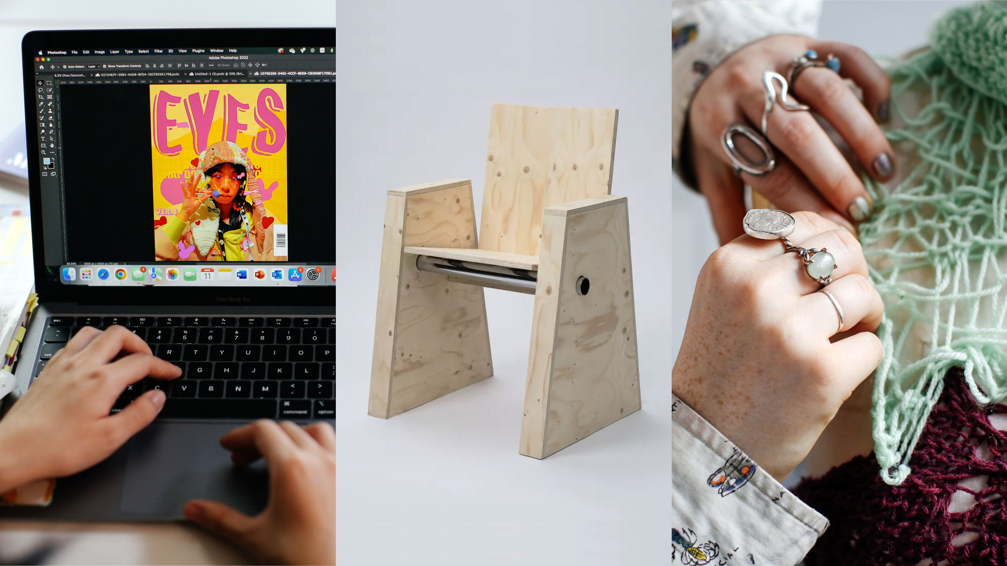 Yellow and red magazine cover on a laptop, wooden chair, hands working with knitwear