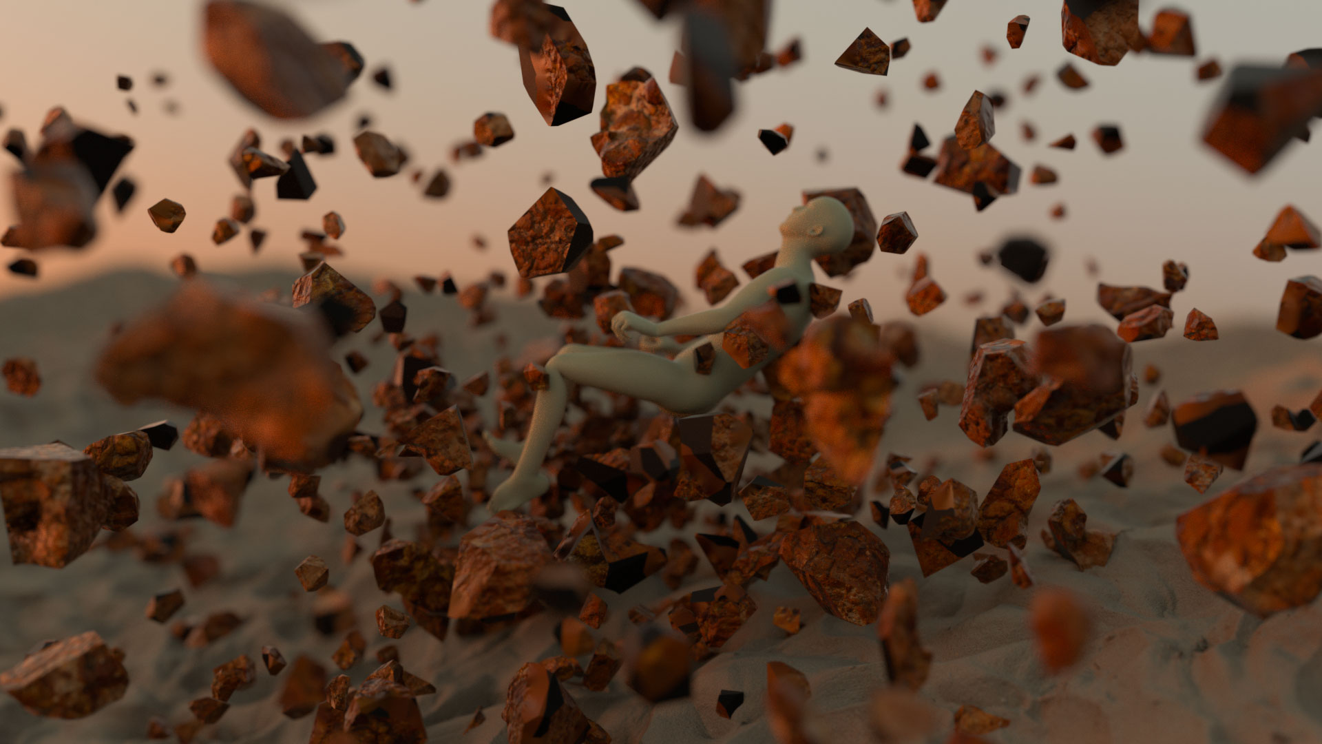 CAD image of figure floating surrounded by rock-like objects