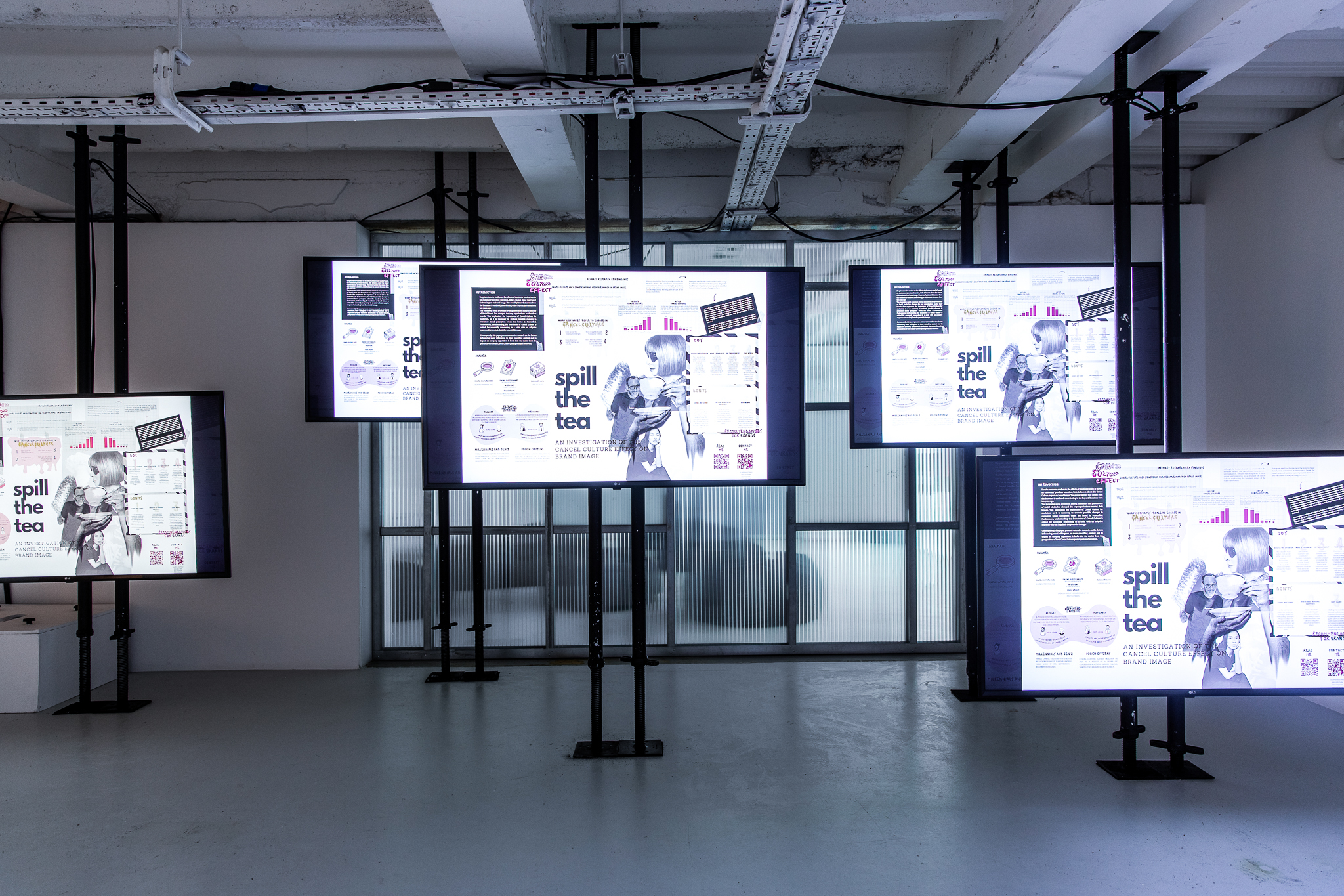 Digital installation showing student work across multiple screens.