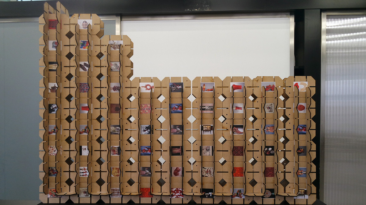 Photograph of Leanne's work using book covers to create a 3D structure.