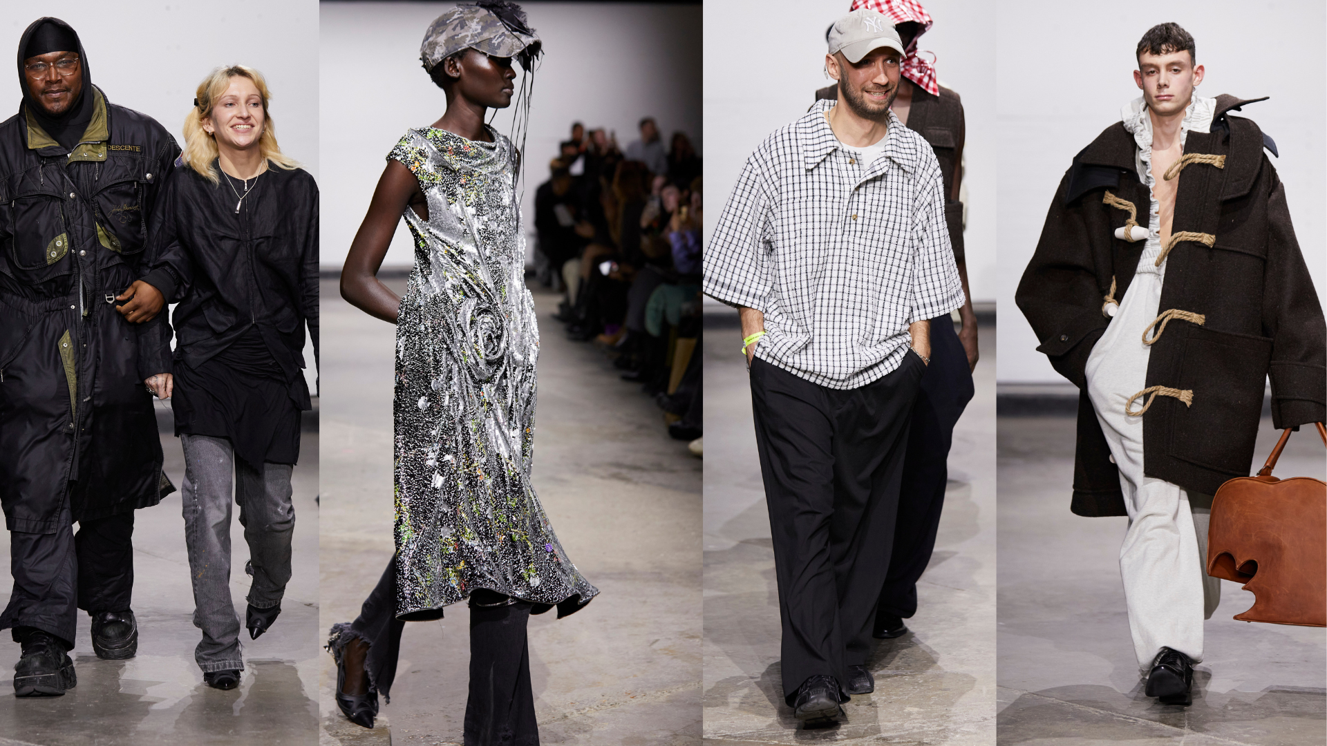 A composite of 3 runway images, l to r shows Petra hand in hand with a model, one of Petra's designs on a model and William.