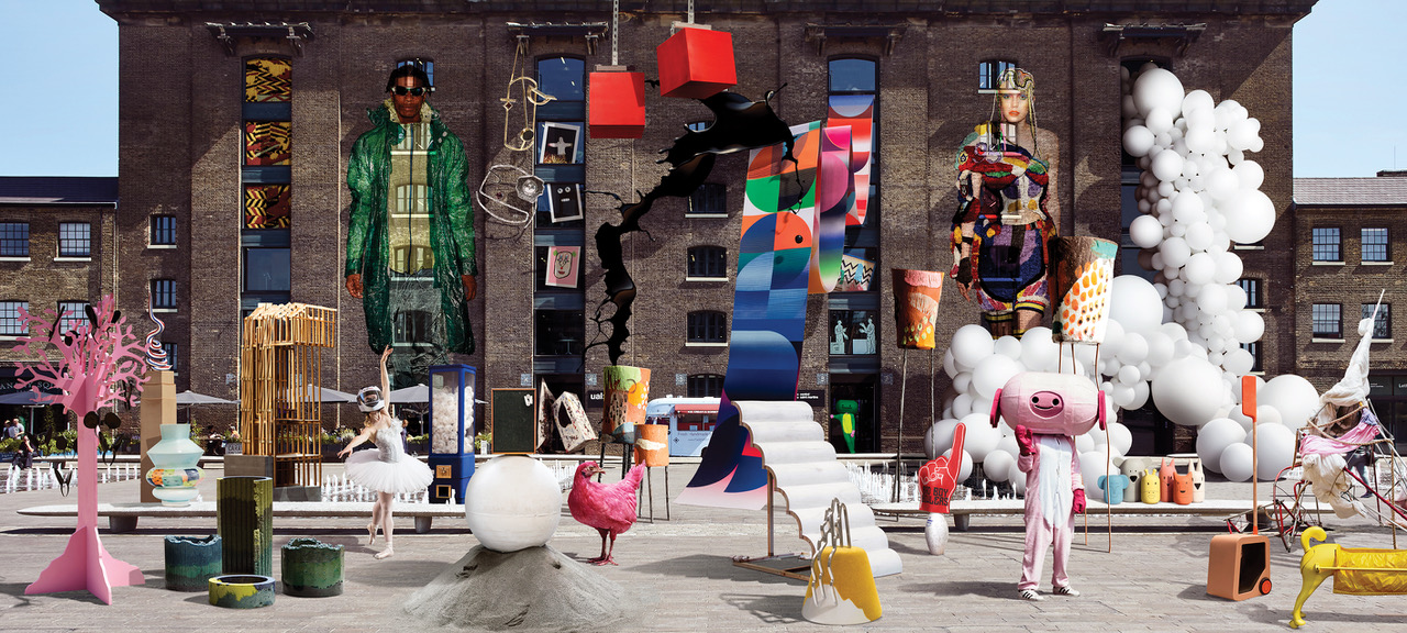 Photo of CSM Granary Building facade with student work collaged onto it