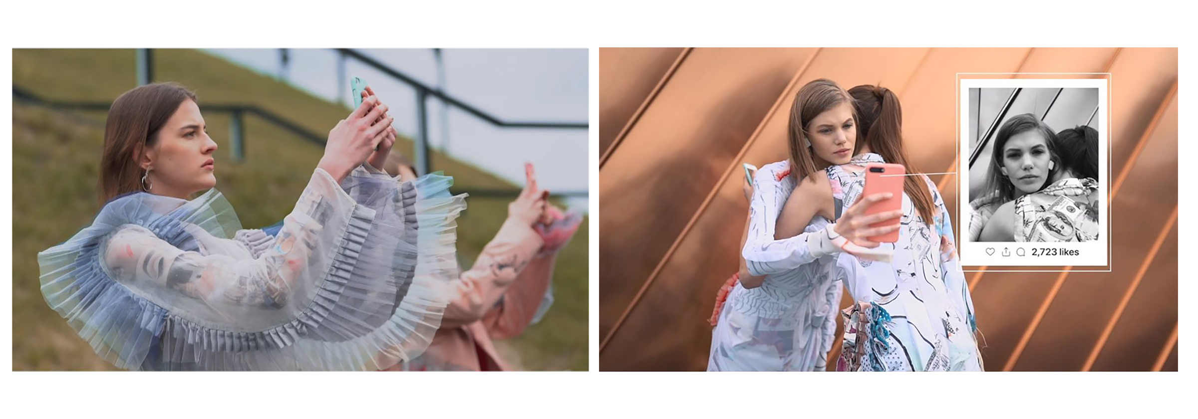 Two girls hugging each other whilst looking at their phones