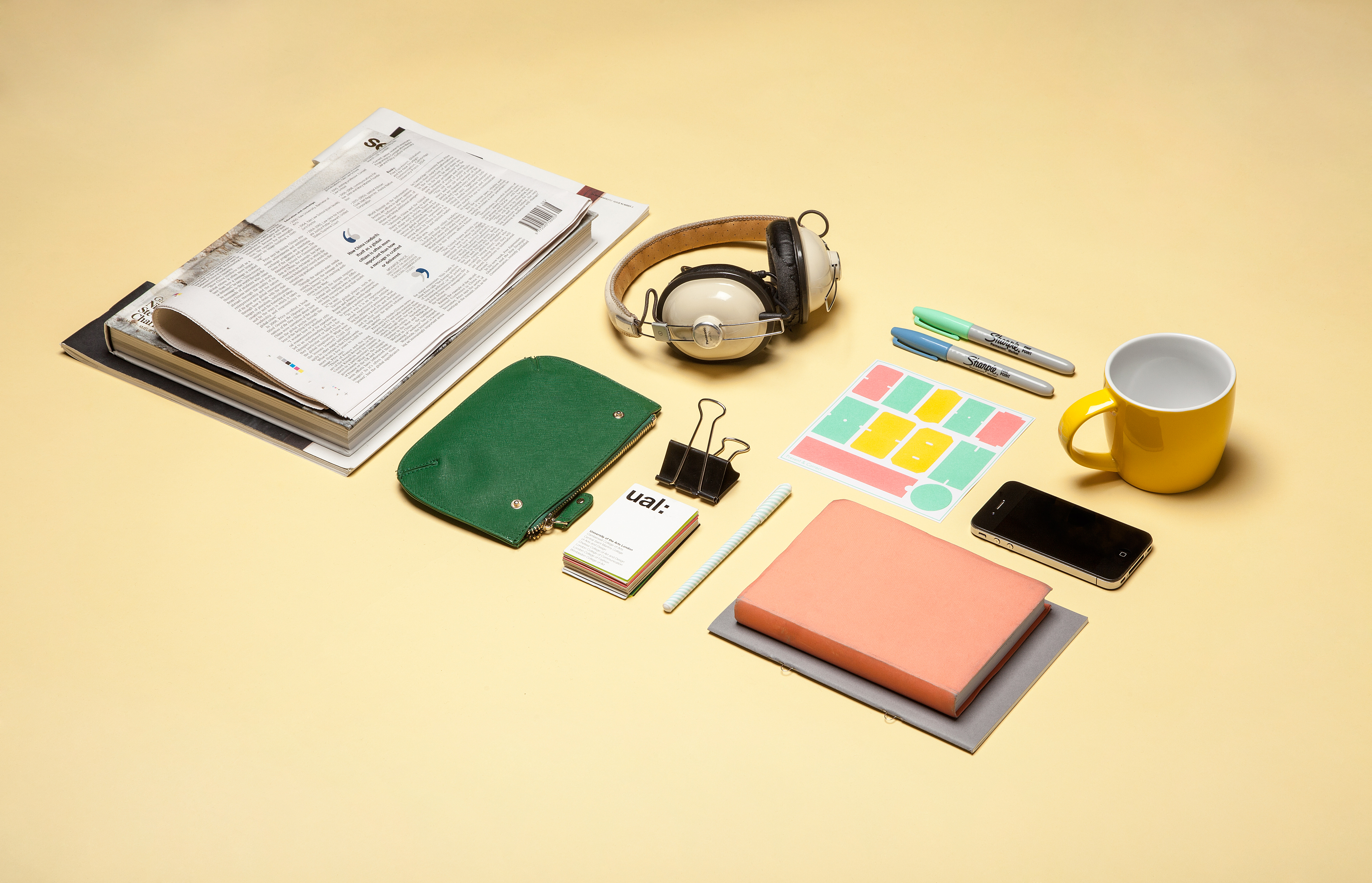 Birds eye view of desk and its contents