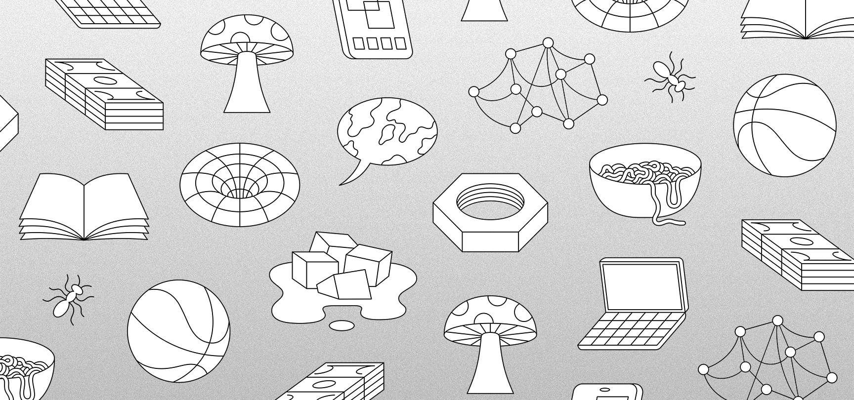 Black and white graphic rendering of diverse objects and concepts arranged in a loose grid