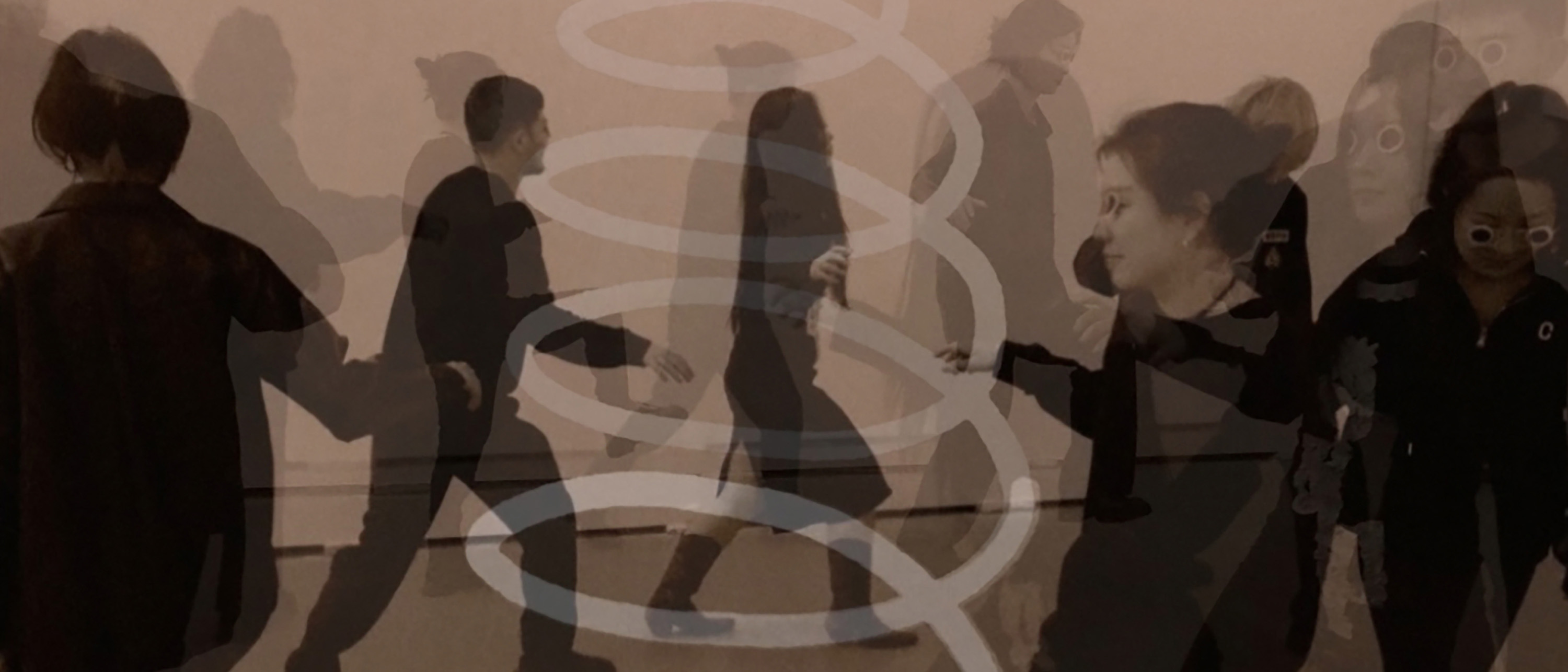 Photograph of people moving around a room with a white squiggly line drawn over the top.