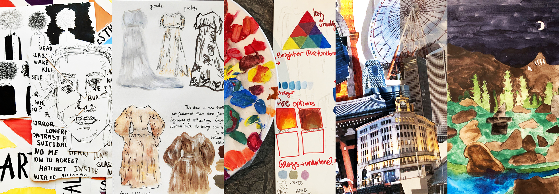 Art and Design School at Home for 13 to 16 Year Olds student work montage featuring collage, sketchbook work, paint on a pallet and a watercolour painting.