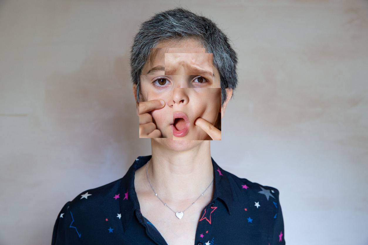 Photograph of a woman with mouth open