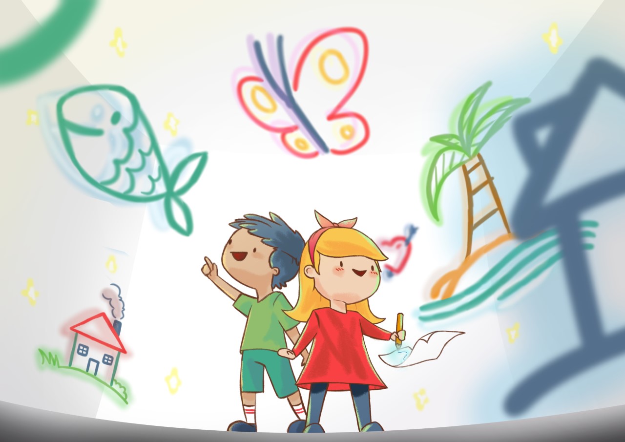 Boy and girl viewing drawings of houses, fish and palm trees.