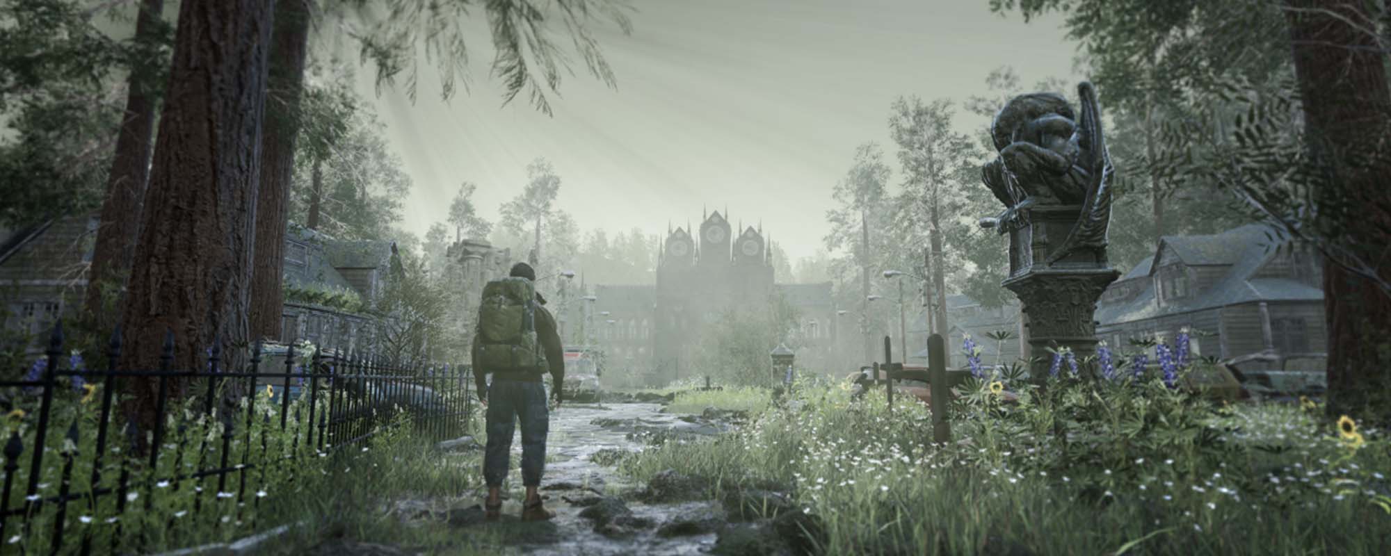Still of animation showing a figure of a solider standing in a graveyard.