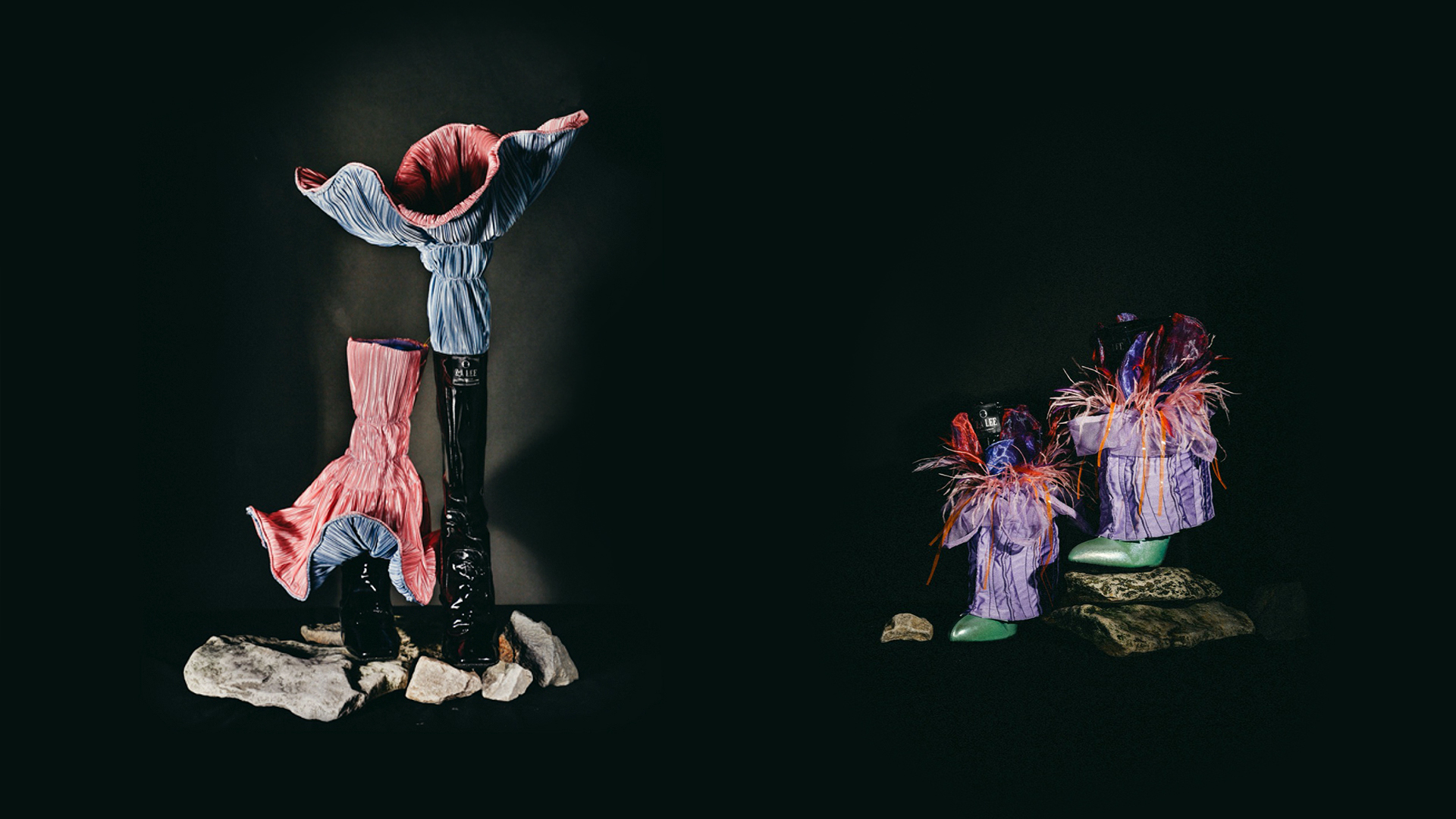 Embellished, colourful boots on a black background.
