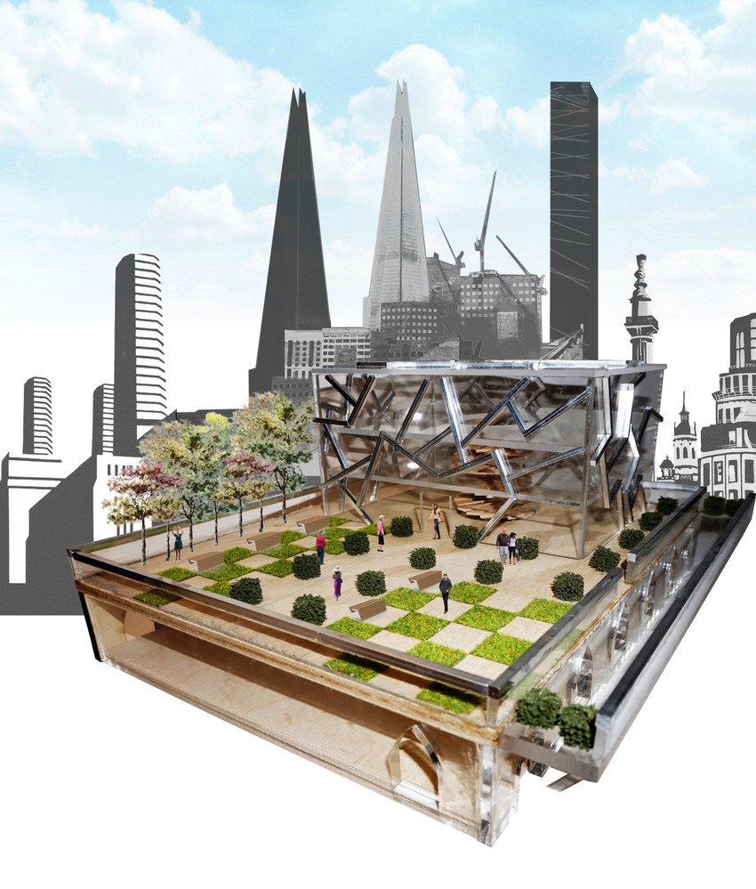 3d cityscape design with London landmarks and a central chequerboard design