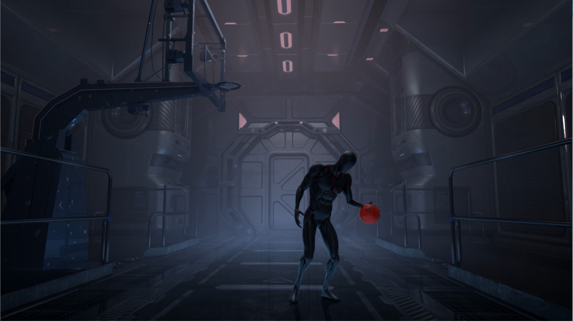Computer animated cyborg character playing basketball in a futuristic metal room.