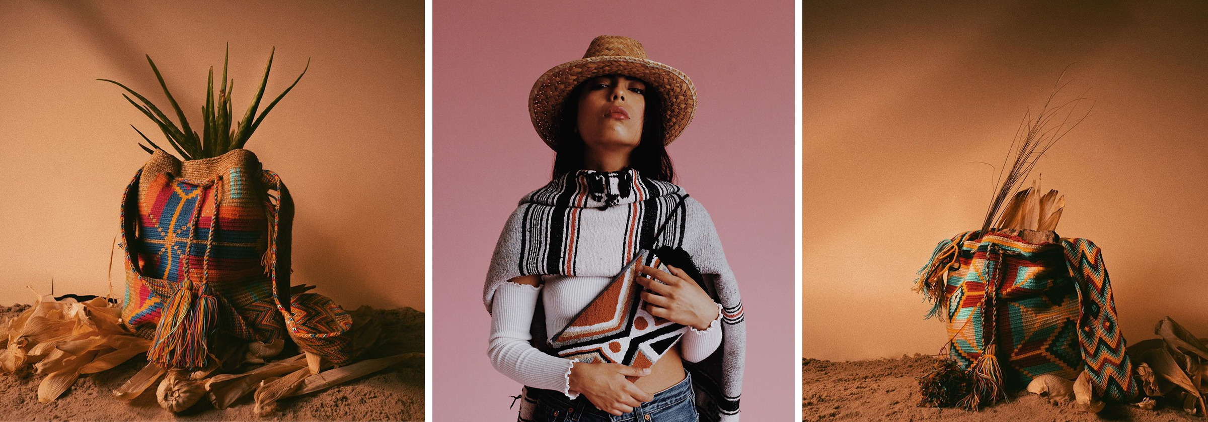 Models posing with traditional bags and hats from Venezuela