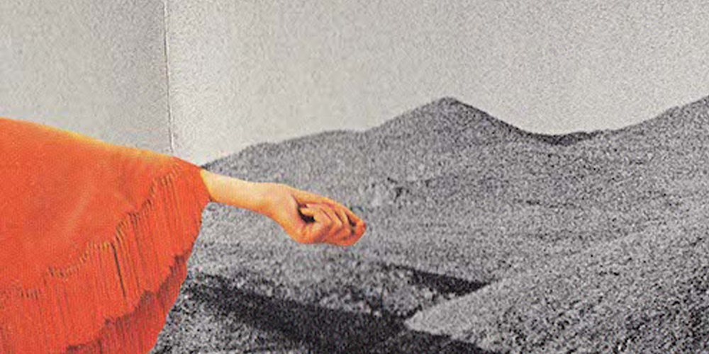 a collage of an arm over a backdrop of mountains