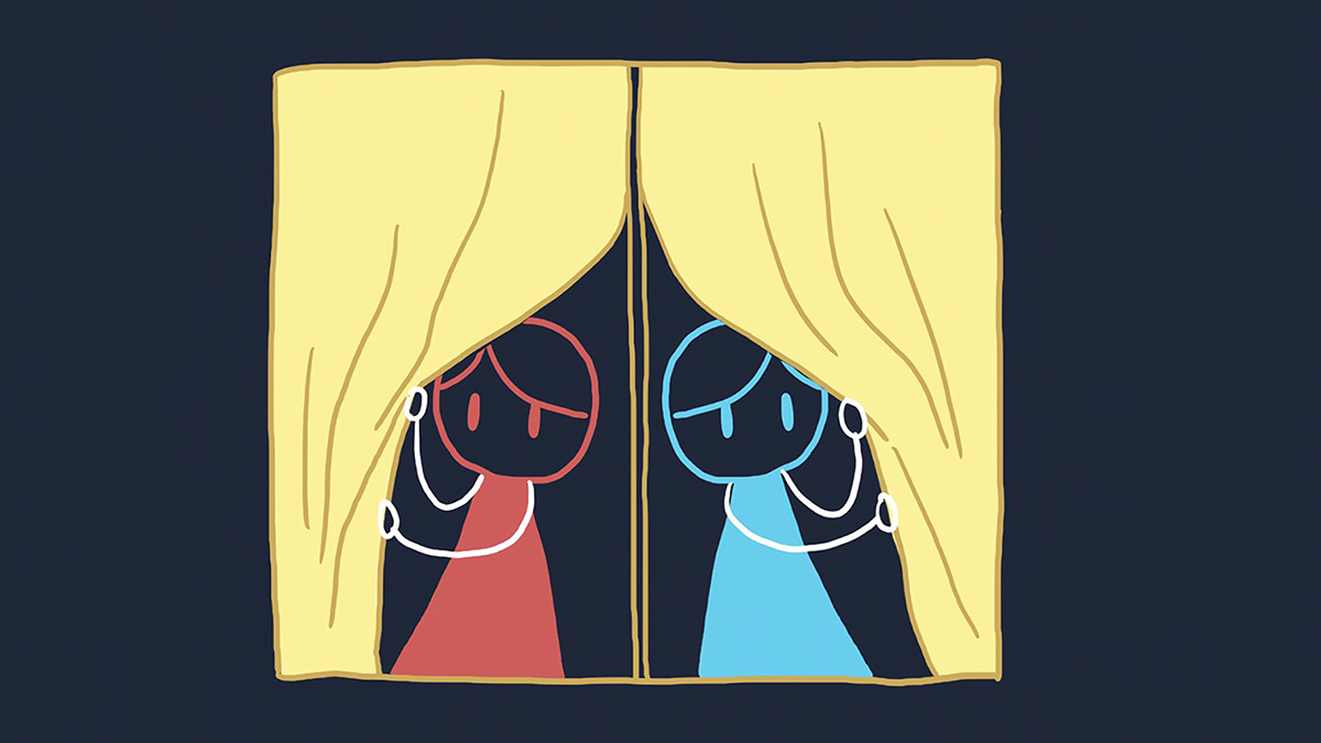 Two cartoon characters peer out of a window.