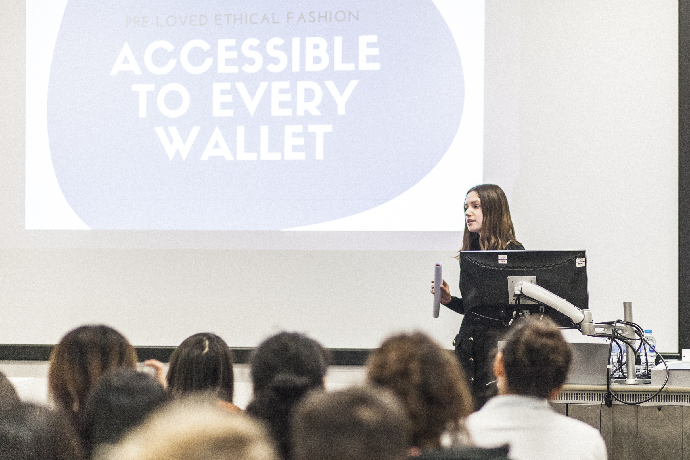 UAL student Hanna Moedder pitching her business idea in front of a live audience. 