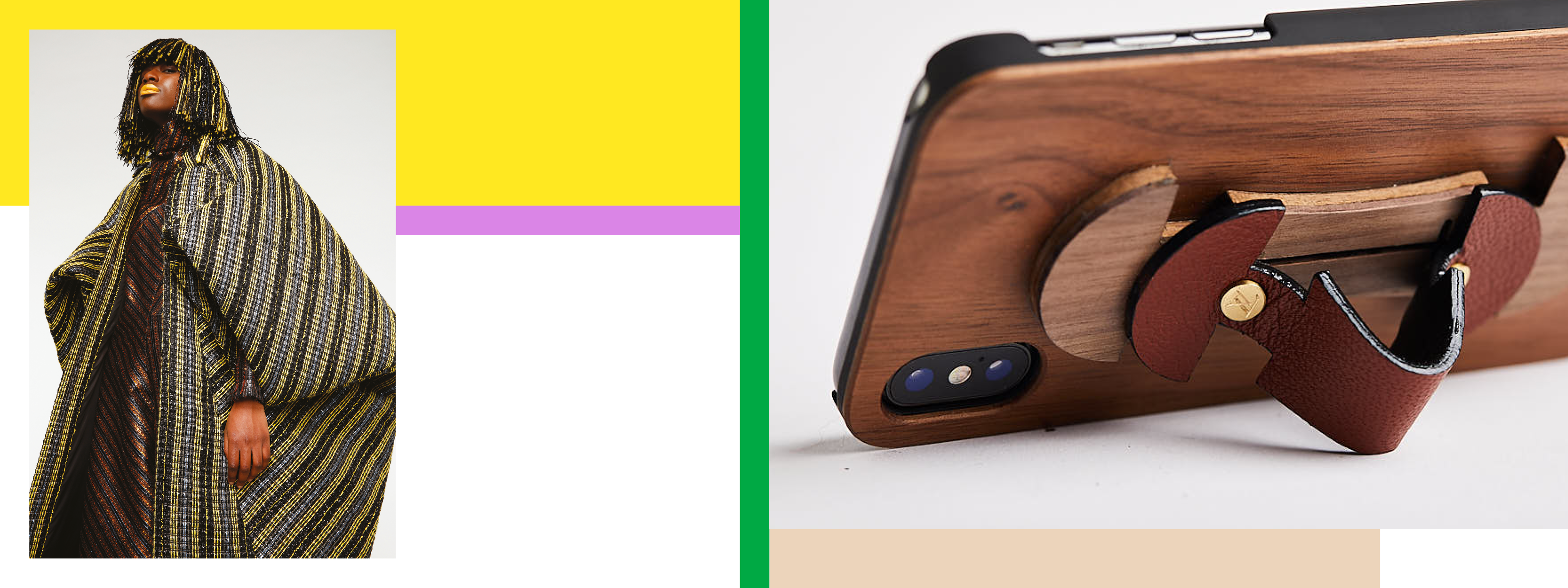 Composite image with yellow and green sections with image of woven garment worn by model and detail of wooden-looking object