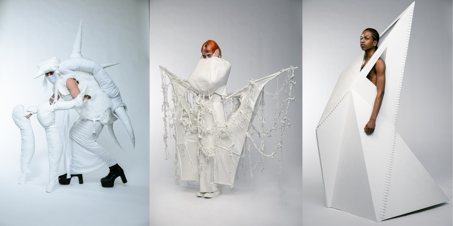 A trio of photos of models posing in all-white garments.