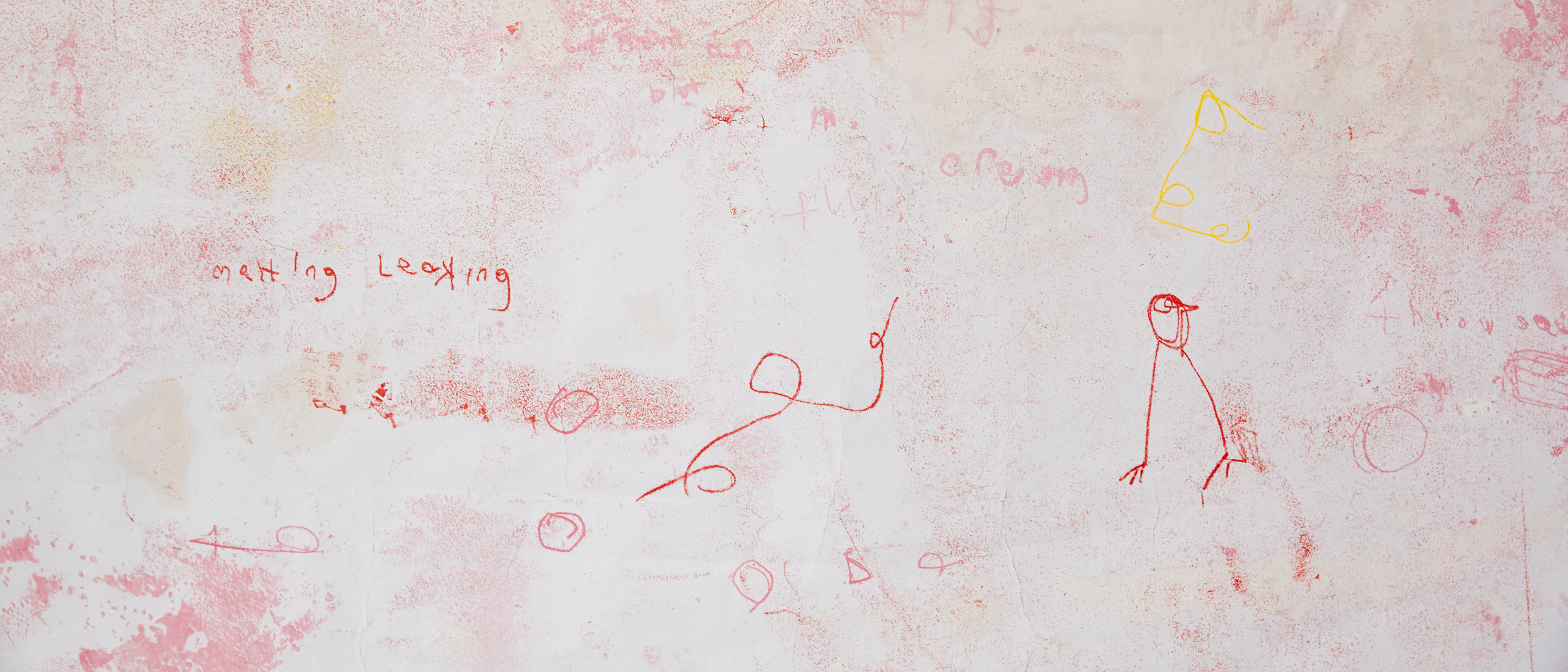 Red, yellow and pink print with scrawled marks and text. Work by Joy Stokes - MA Fine Art: Printmaking, Camberwell College of Arts.