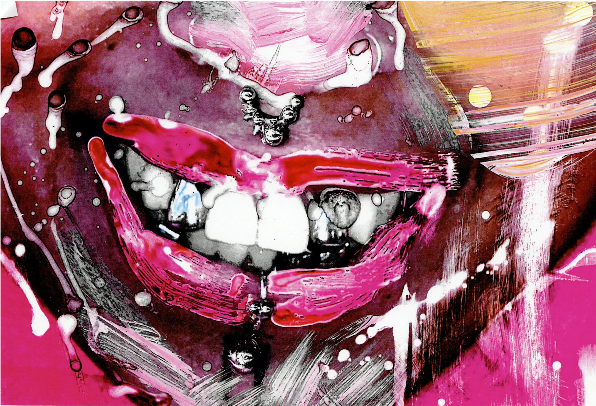 Bright pink illustration of lips and teeth.