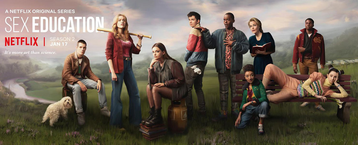 A promotional banner featuring the cast of the Netflix series, Sex Education.