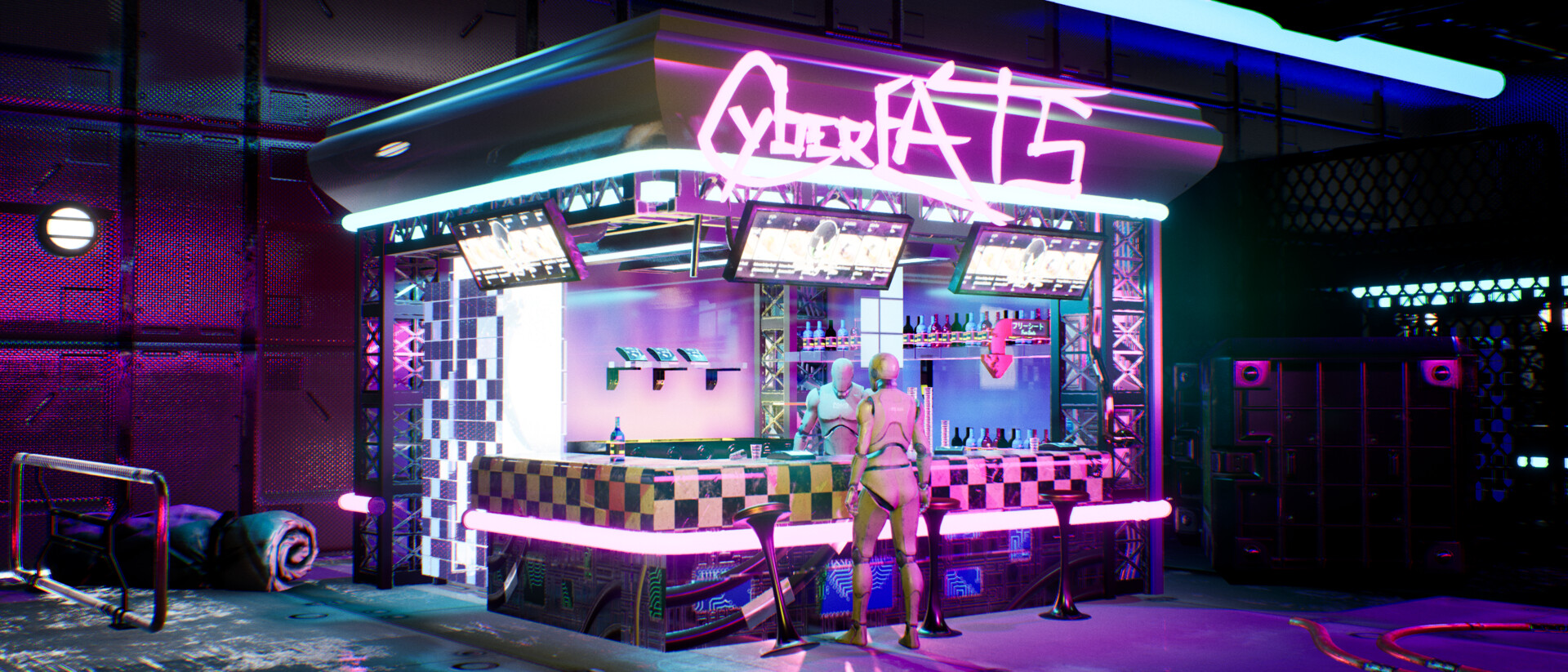 Computer-generated image showing a robotic figure at a makeshift bar. The image is heavily purple in colour.