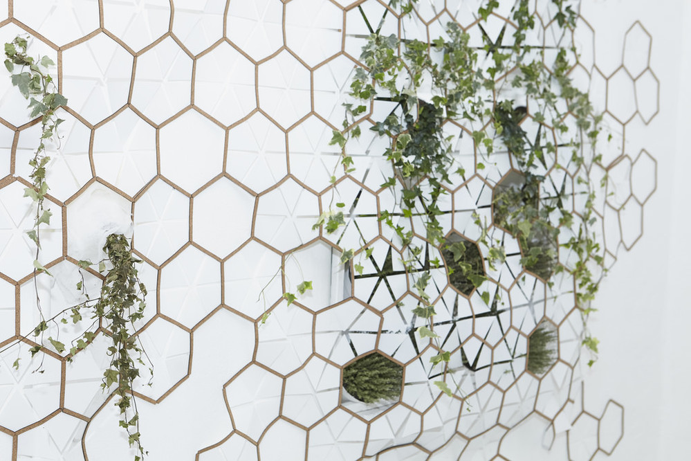 A cork structure made of hexagonal shapes on a wall  with green plants entiwned