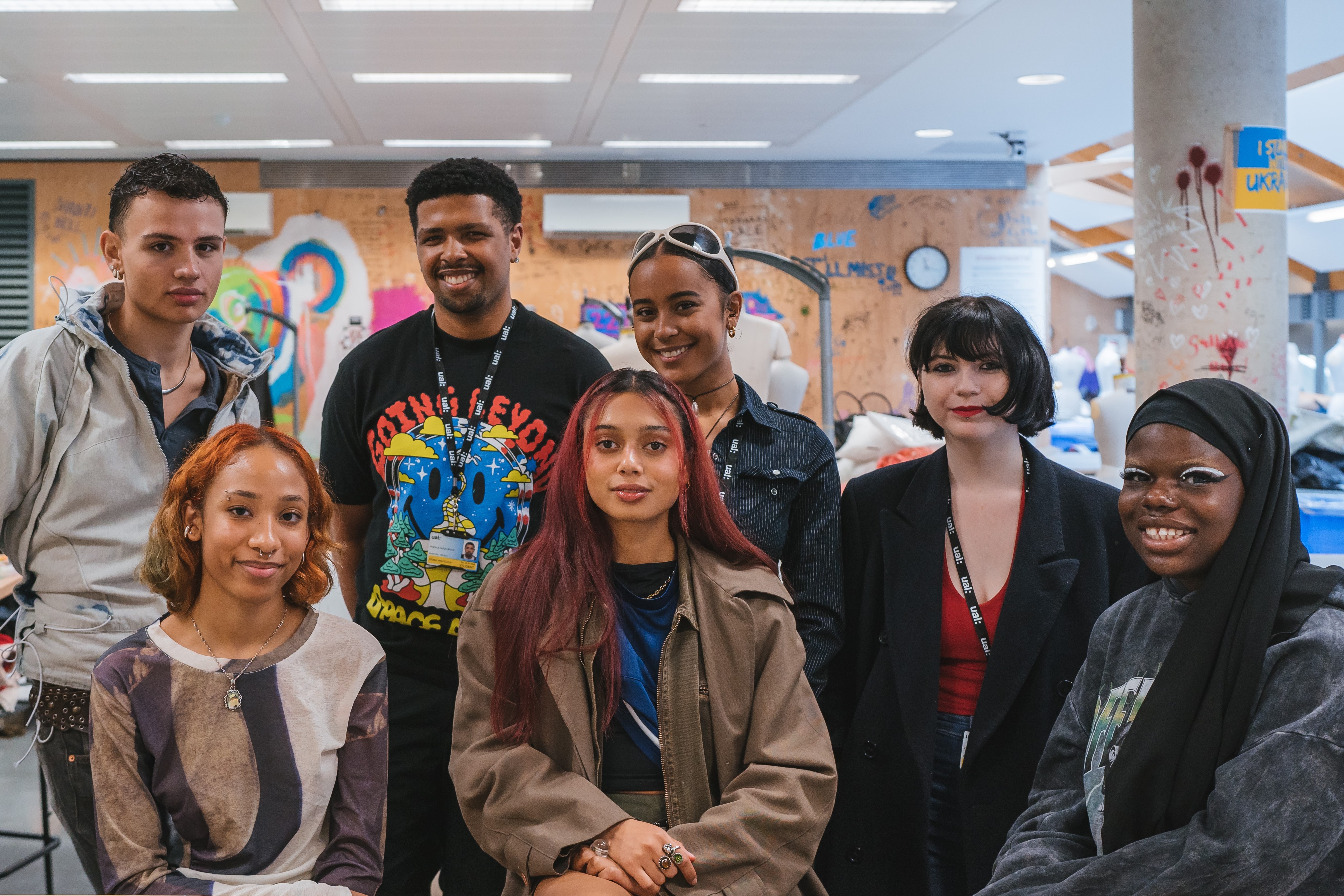 A group shot of 7 CSM Fashion Programme students