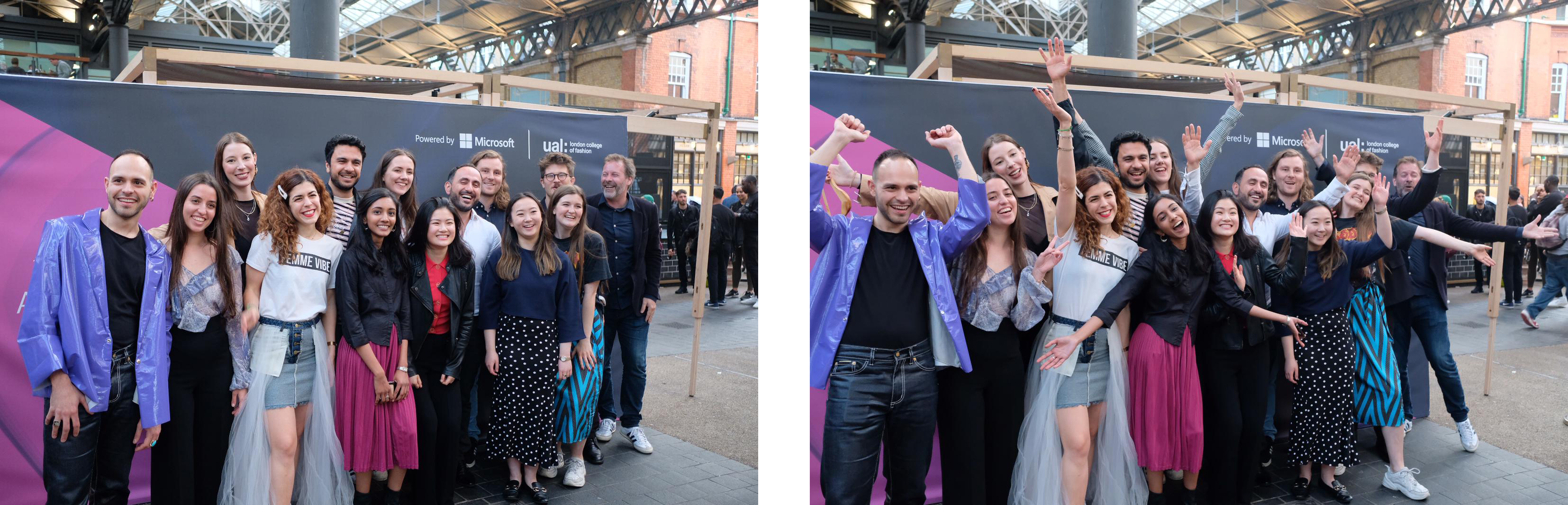 Several students having a photograph outside infront of a microsoft x LCF Banner